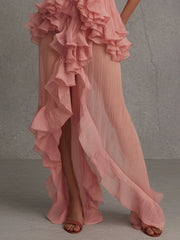 Pink Chiffon Ruffled Halter Maxi Dress