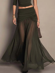 Dark Olive One Shoulder Ruched Top And Sheer Chiffon Maxi Skirt Set