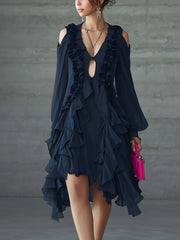 Navy Chiffon Cold Shoulder Ruffle Mini Dress