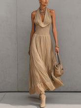Champagne Gold Pleated Cowl Neck Maxi Dress With Lace Hem