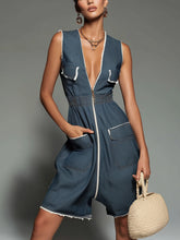 Navy Blue Cotton Washed Denim Sleeveless Zip Up Jumpsuit