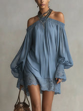 Blue Off-Shoulder Lace Trim Long Sleeve Mini Dress