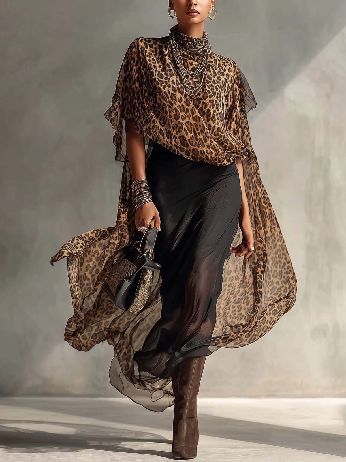 Leopard Chiffon Kimono Set With Black Bodycon Dress