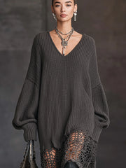 24-Hour-Shipping Charcoal Gray V-Neck Knit Mesh Long Sleeve Midi Dress