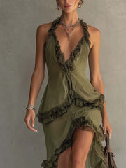 Olive Green Ruffled Trim Sleeveless Chiffon Asymmetrical Midi Dress