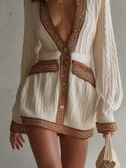 Cream Cable Knit Mini Dress With Vintage Trim And Contrast Edging