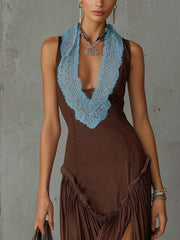 Brown Lace Patchwork Maxi Dress With Deep V Neck And Flowy Hem