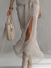 Light Gray Chiffon Pleated Lace Trim Maxi Dress