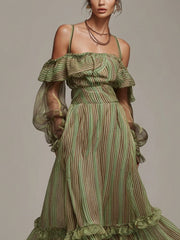 Green Striped Chiffon Off Shoulder Maxi Dress