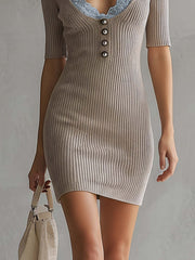 Oatmeal Gray Ribbed Knit Mini Bodycon Dress With Lace And Button