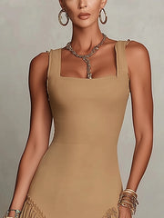 Camel And Mocha Two-Tone Square Neck Lace Hem Maxi Dress