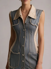 Gray Cotton Washed Denim Frayed Mini Dress