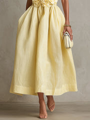 Yellow Strapless Floral Applique Midi Dress