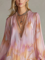 Pink Pleated Long Sleeve V-Neck Mini Dress