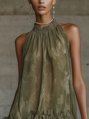 Olive Halter Neck Ruffled Hem Floral Chiffon Mini Dress