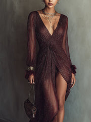 Deep Garnet Metallic Sheer Long Sleeve Draped High-Low Dress