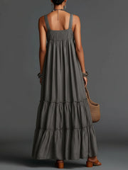 Gray Tiered Maxi Dress With Double Straps And Flowy Silhouette