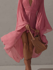 Rose Pink Chiffon Asymmetrical Hem Midi Dress With Flowing Batwing Sleeves
