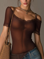 Cocoa Sheer Lace Knit Short Sleeve Top