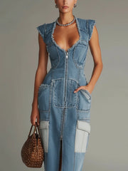 Blue Denim Frayed Sleeveless Zip Up Bodycon Dress