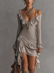 Light Gray Knit Cold Shoulder Ruffle Patchwork Mini Dress