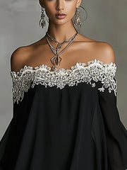 Black Off-Shoulder Lace Trim Chiffon Mini Dress