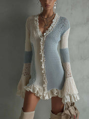 Sky Blue And White Ruffled Patchwork Knit Mini Dress