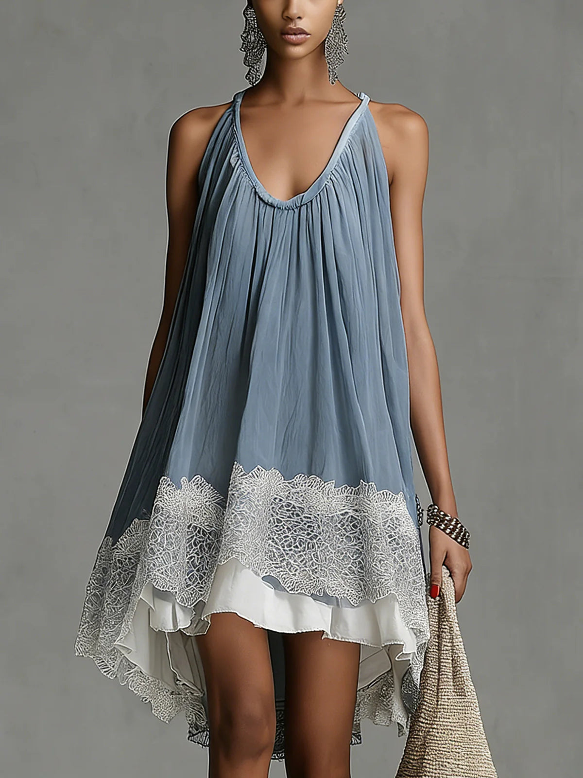 Blue Lace Trim High-Low Pleated Mini Dress