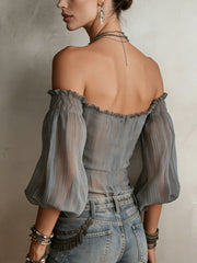 Gray Off-Shoulder Embroidered Chiffon Blouse