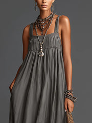 Gray Tiered Maxi Dress With Double Straps And Flowy Silhouette
