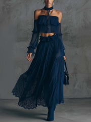 Navy Pleated Chiffon Lace Patchwork Off Shoulder Crop Top And Midi Skirt Set