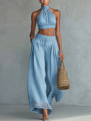 Blue Halter Crop Top And Wide-Leg Pants Set With Lace Hem
