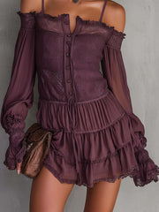 Rose Purple Chiffon Spaghetti Strap Ruffled Patchwork Mini Dress