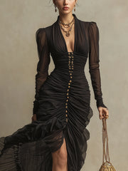 Black Long Sleeve Ruched Chiffon Button Maxi Dress