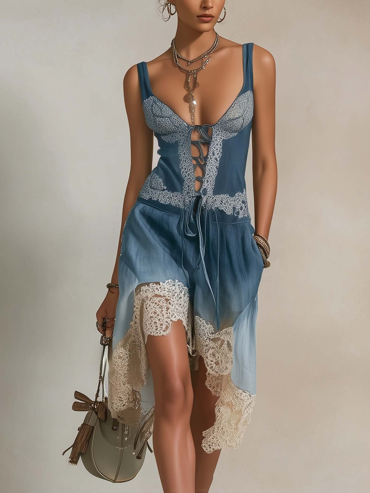 Gradient Blue Lace Patchwork Sleeveless Mini Dress