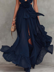 Navy Chiffon Cut-Out Waist 3D Floral Maxi Dress