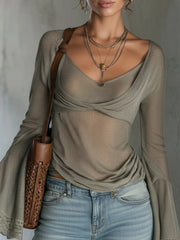Green Sheer Knit Top With Lace Cuff Sleeves