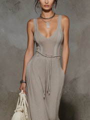 Gray Drawstring Knit Fringe Maxi Dress