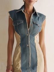 Blue Color Block Washed Denim Frayed Mini Dress