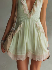 Light Green Chiffon Mini Dress With Pink Lace Ruffle Trim