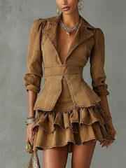 24-Hour-Shipping Vintage Brown Washed Cotton Ruffle Lapel Midi Sleeve Mini Dress