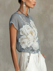 Sheer Blue Floral Print Chiffon Blouse