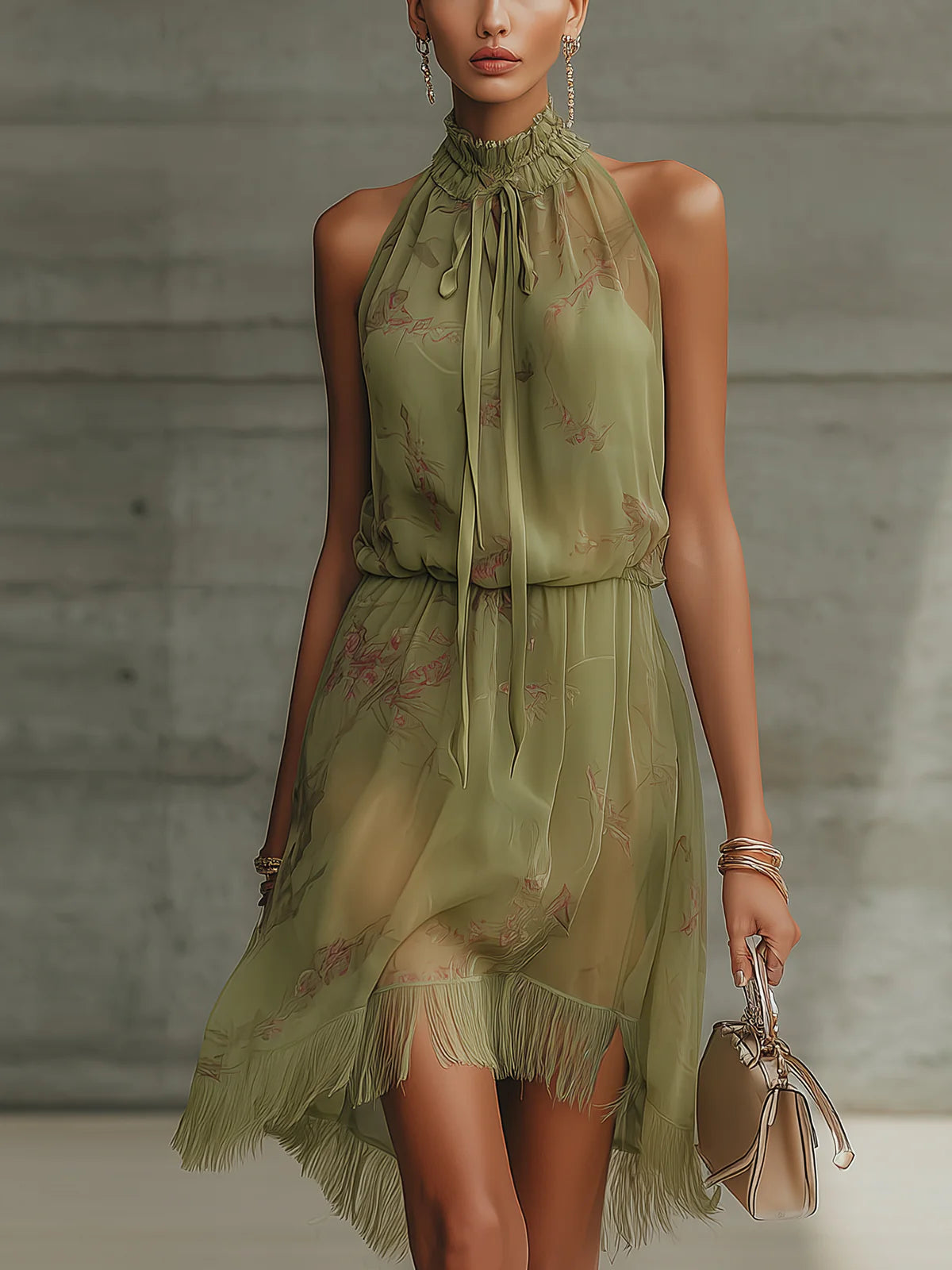 Olive Green Floral Tie-Waist Chiffon Mini Dress
