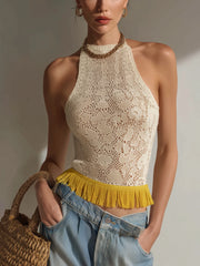 Cream Cotton Knit Fringe Hem Sleeveless Top