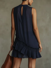 Navy Sleeveless Ruffle Hem Shift Mini Dress