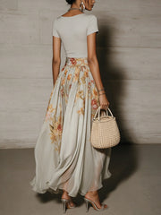 Gray Floral High-Waist Pleated Maxi Skirt & Fitted Scoop Neck Top Set