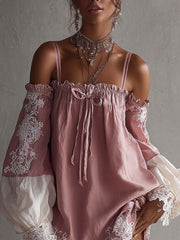 Pink And White Patchwork Embroidered Cotton Linen Off Shoulder Mini Dress