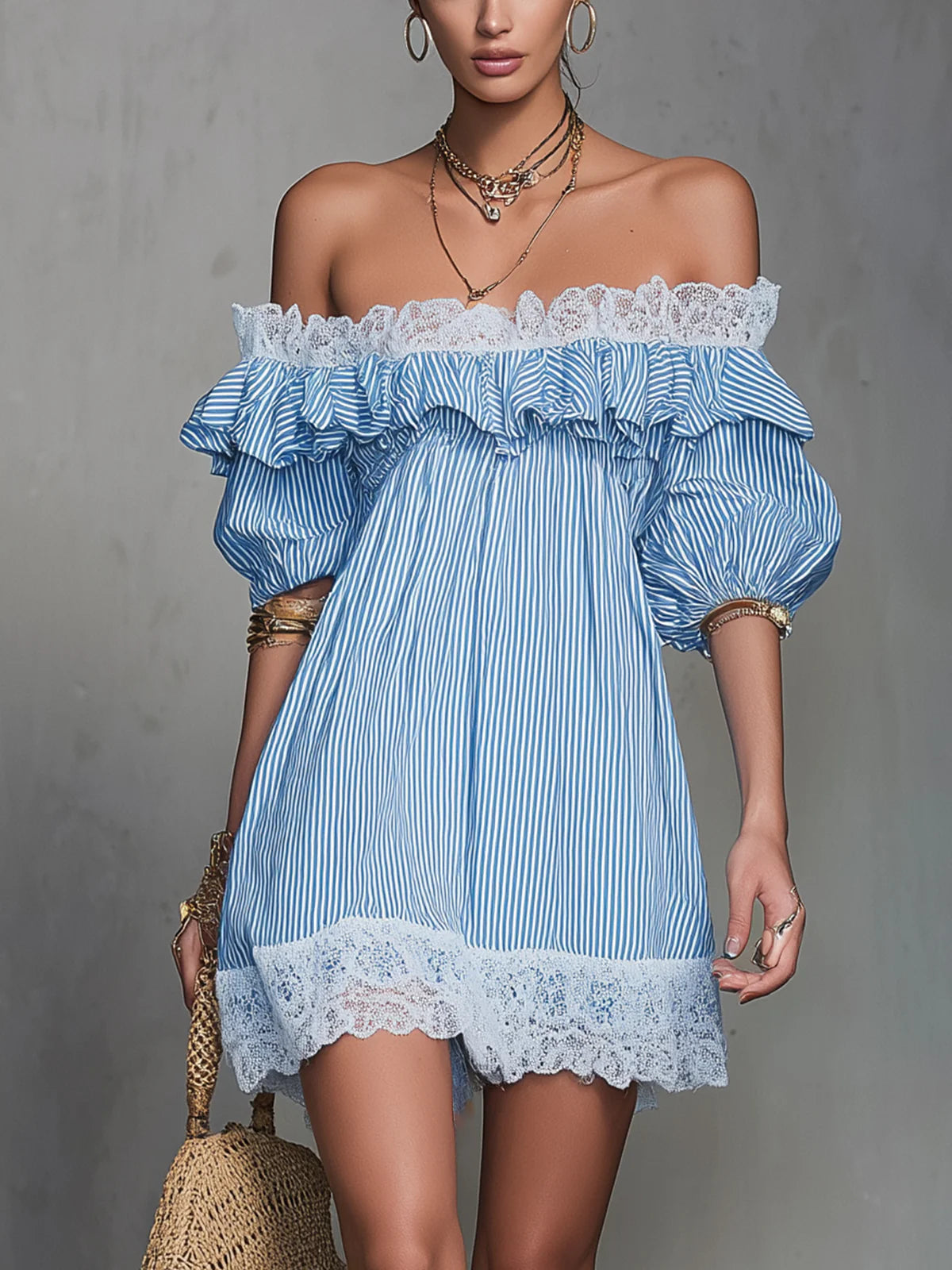 Blue Striped Off-Shoulder Ruffle Lace Trim Mini Dress