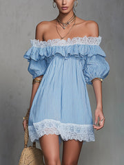 Blue Striped Off-Shoulder Ruffle Lace Trim Mini Dress