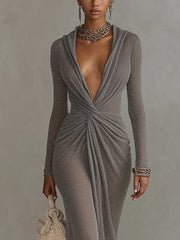 Gray Lightweight  Long Sleeve Metallic Knit Ruched Maxi Dress